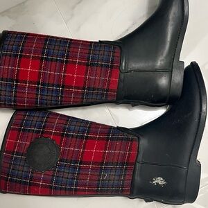 Polo by Ralph Lauren Black Rubber Rain Boots with Red Plaid Shaft